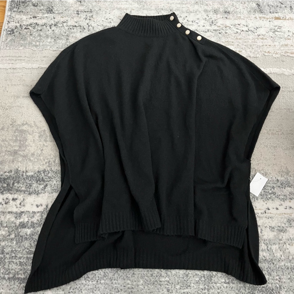 🆕 J.Crew black mockneck with button detail poncho sweater with slit hems - Picture 2 of 12